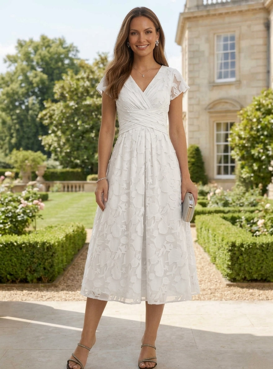 A-Line/Princess V-Neck Lace Floral Cocktail Dresses Tea-Length Short Sleeves Ruched Formal Dresses
