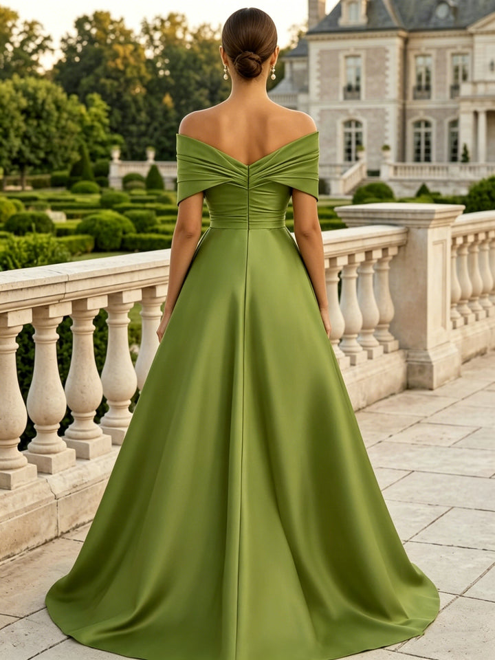 Sheath/Column Off-the-Shoulder Satin Evening Dresses with Overskirt Sleeveless Sequins Floral Floor-Length Party Dresses