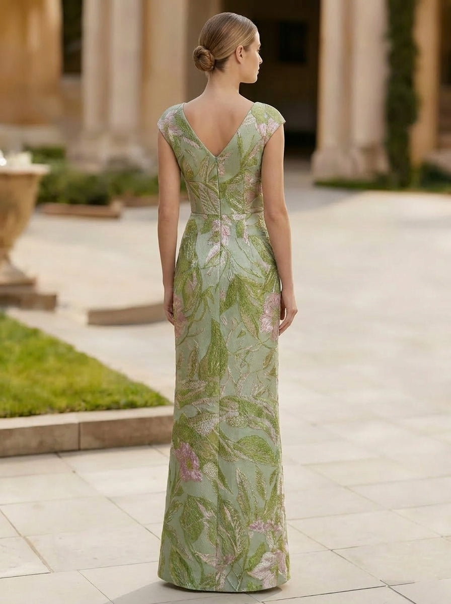 Sheath/Column V-neck Printed Evening Dresses Sleeveless Floral Asymmetrical Floor-Length Ruffles Party Dresses