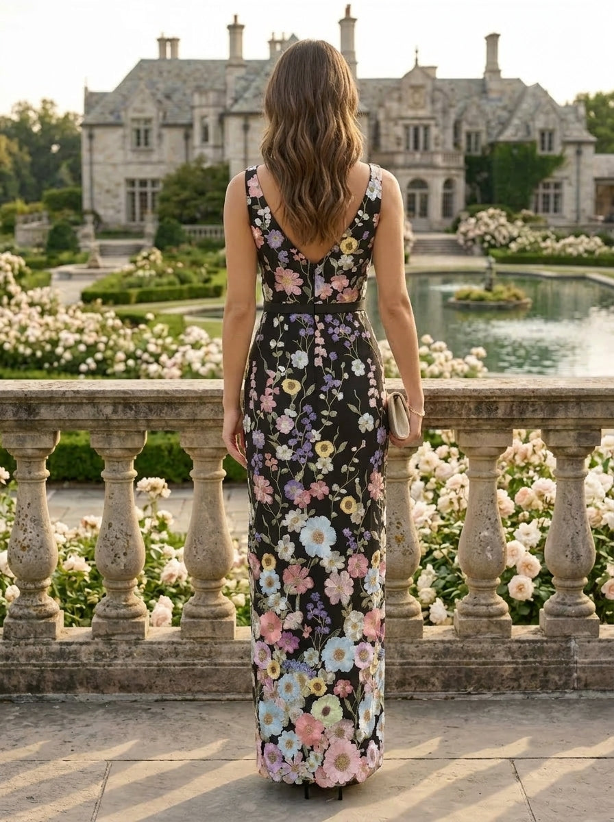 Sheath/Column V-Neck Lace Embroidery Evening Dresses with Split Side Ankle-Length Sleeveless Floral Party Dresses