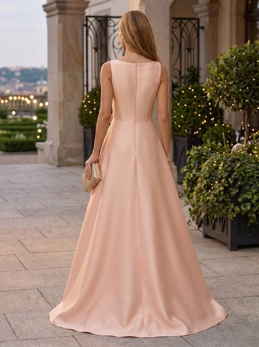 A-Line/Princess Scoop Satin Evening Dresses with 3D Flower Sleeveless Floor-Length Ruffles Party Dresses