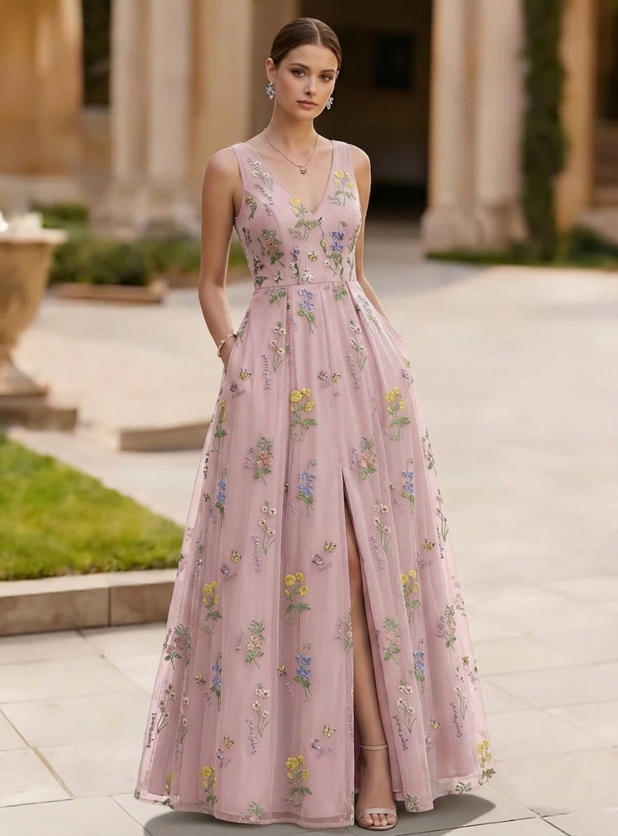 A-Line/Princess V-Neck Chiffon Evening Dresses with Split Side Sleeveless Floral Floor-Length Party Dresses