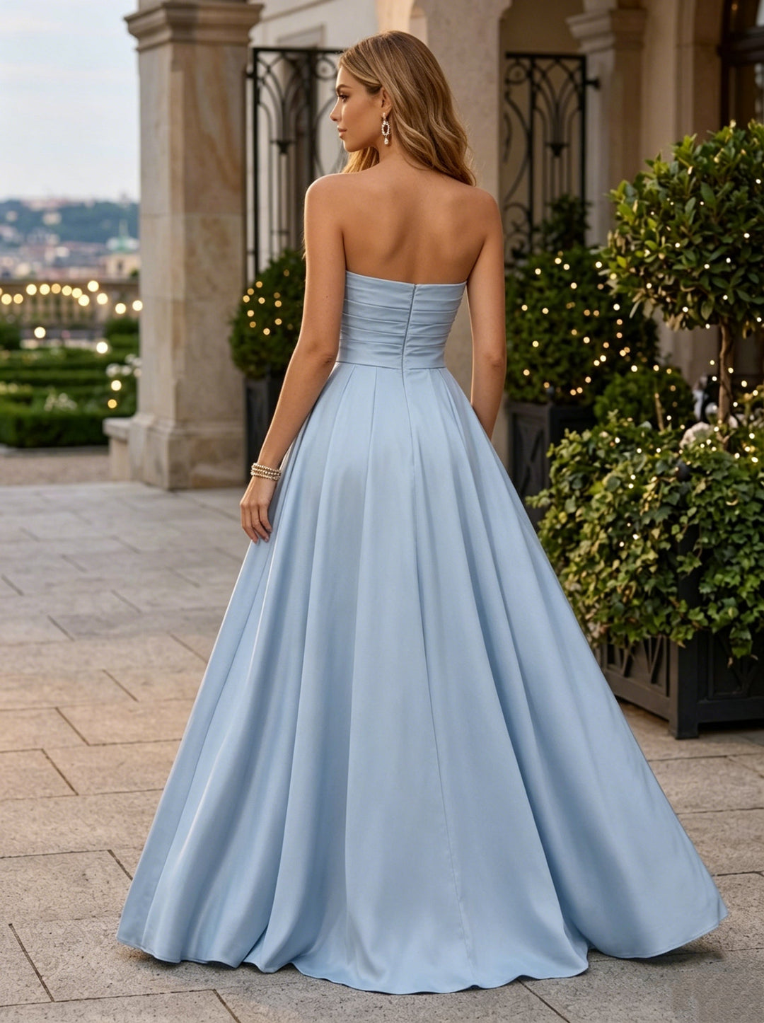 A-Line/Princess Strapless Satin Evening Dresses with Split Side Bowknot Sleeveless Floor-Length Party Dresses