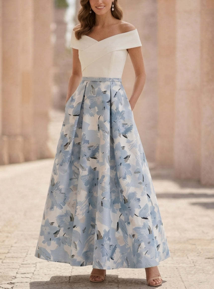A-Line/Princess Off-the-Shoulder Printed Cocktail Dresses Sleeveless Floral Ankle-Length Formal Dresses