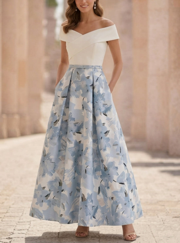 A-Line/Princess Off-the-Shoulder Printed Cocktail Dresses Sleeveless Floral Ankle-Length Formal Dresses