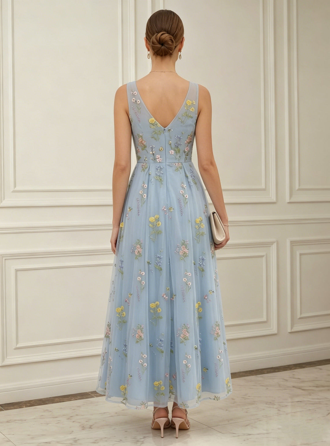 A-Line/Princess V-Neck Chiffon Cocktail Dresses Sleeveless Floral Ankle-Length Formal Dresses