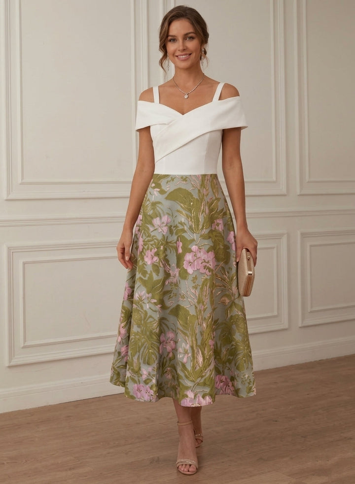 A-Line/Princess Off-the-Shoulder Cocktail Dresses Sleeveless Printed Floral Tea-Length Formal Dresses