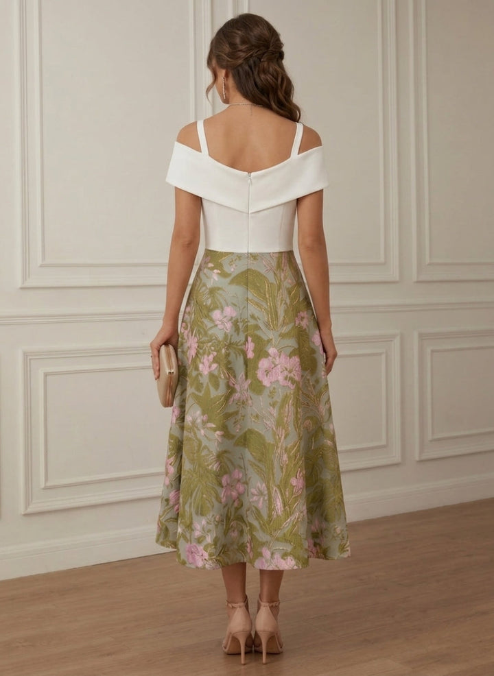 A-Line/Princess Off-the-Shoulder Cocktail Dresses Sleeveless Printed Floral Tea-Length Formal Dresses