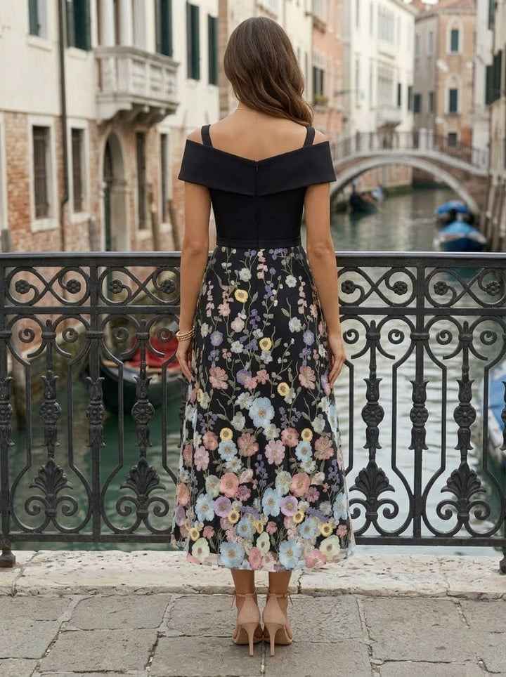 A-Line/Princess Off-the-Shoulder Stretch Satin Cocktail Dresses Sleeveless Tea-Length Floral Formal Dresses