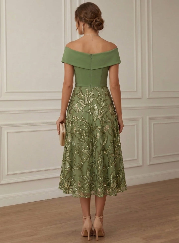 A-Line/Princess Off-the-Shoulder Stretch Satin Cocktail Dresses Sleeveless Sequins Floral Tea-Length Formal  Dresses