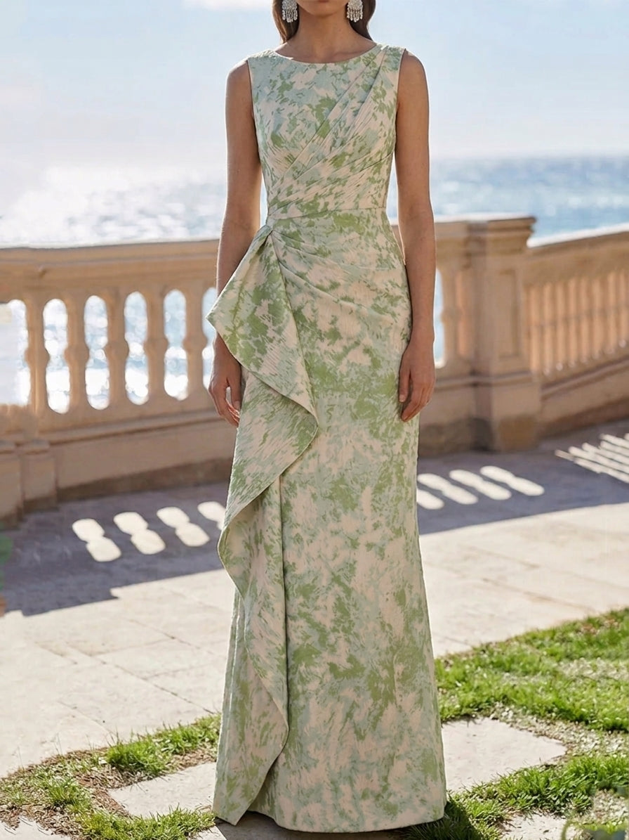 Sheath/Column Scoop Jacquard Evening Dresses Floor-Length Floral Sleeveless Ruffles Party Dresses