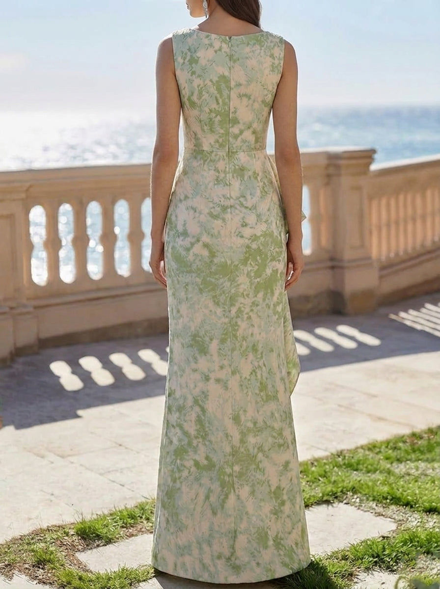Sheath/Column Scoop Jacquard Evening Dresses Floor-Length Floral Sleeveless Ruffles Party Dresses