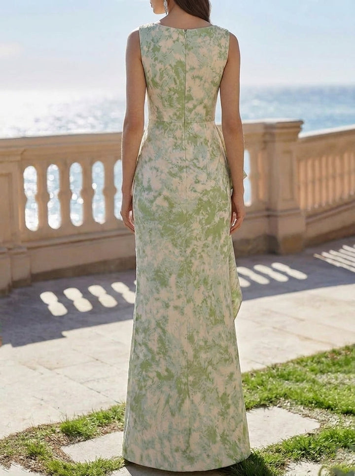 Sheath/Column Scoop Jacquard Evening Dresses Floor-Length Floral Sleeveless Ruffles Party Dresses