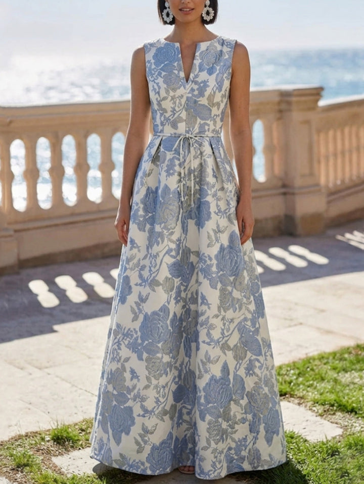 A-Line/Princess V-Neck Jacquard Evening Dresses Floral Floor-Length Sleeveless Party Dresses