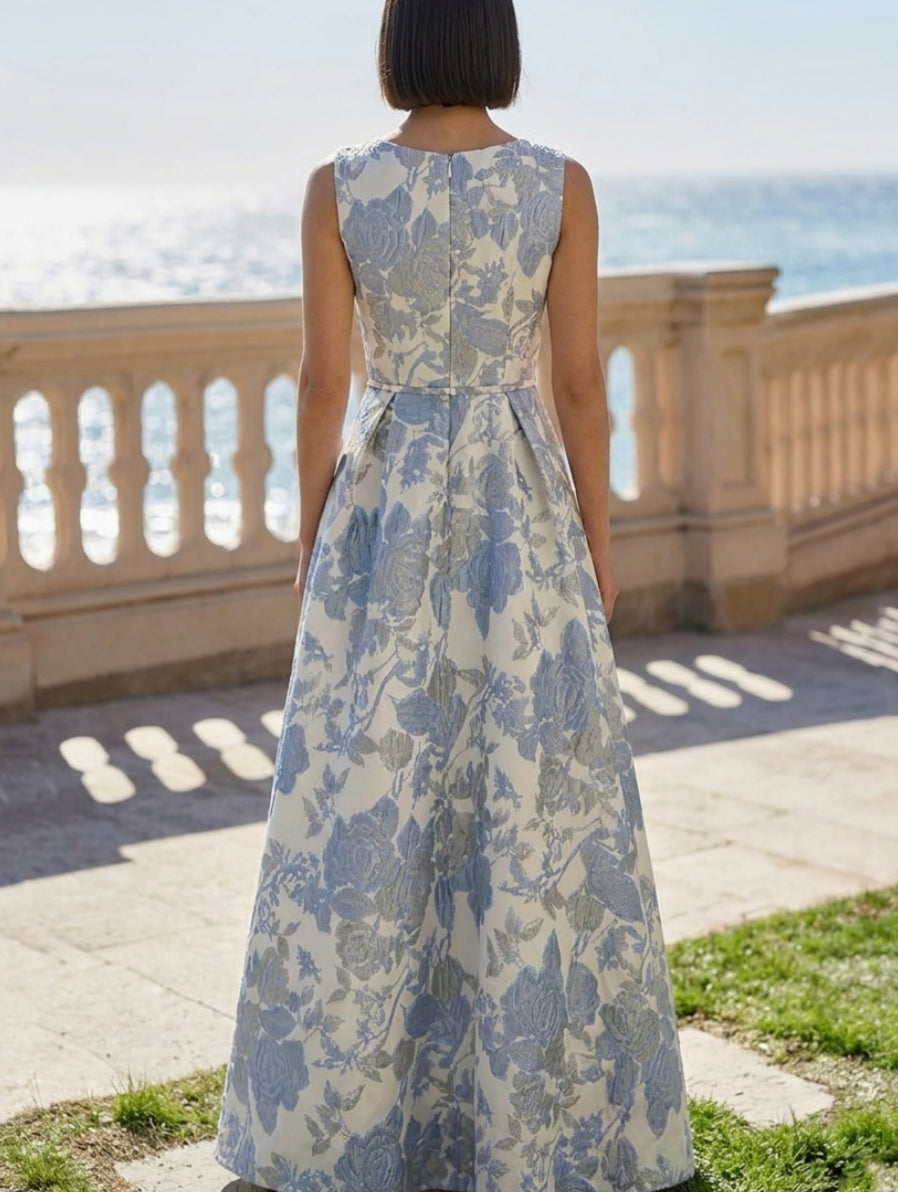A-Line/Princess V-Neck Jacquard Evening Dresses Floral Floor-Length Sleeveless Party Dresses