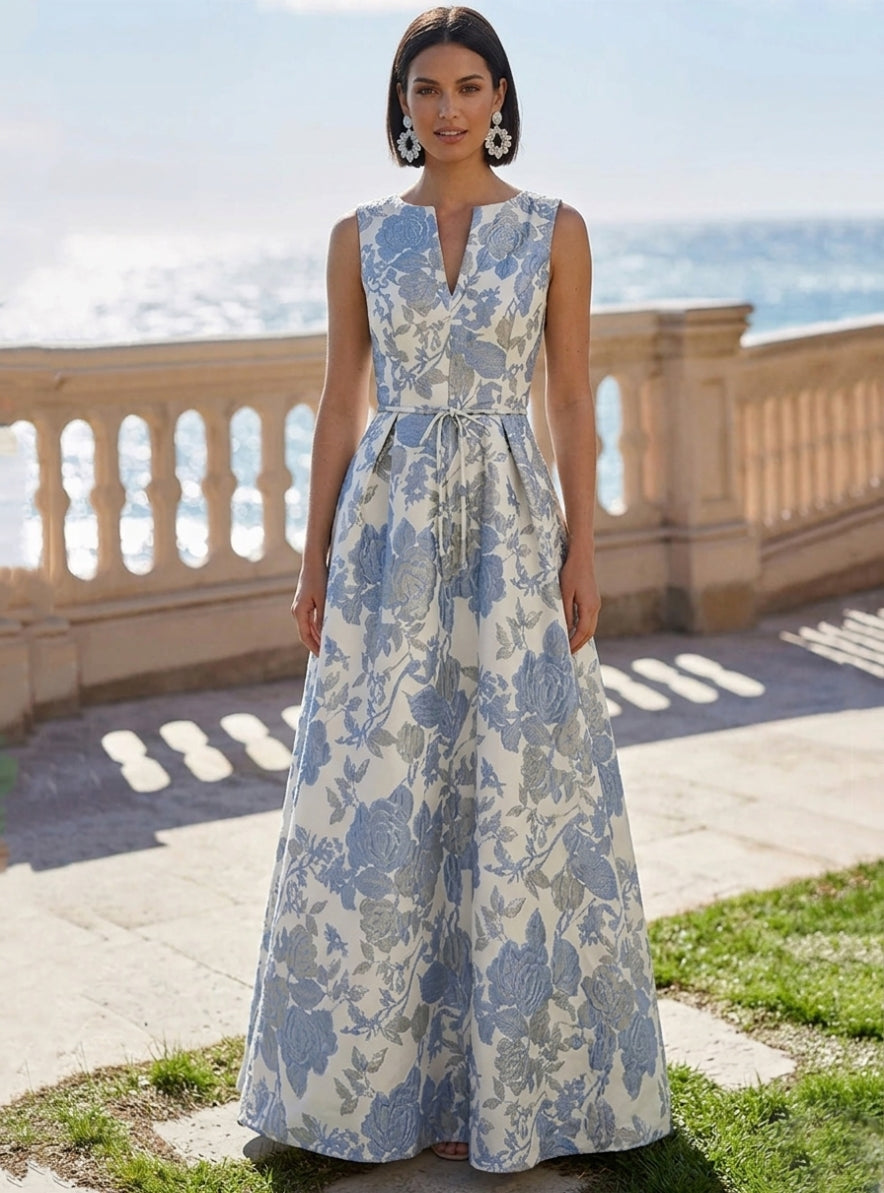 A-Line/Princess V-Neck Jacquard Evening Dresses Floral Floor-Length Sleeveless Party Dresses