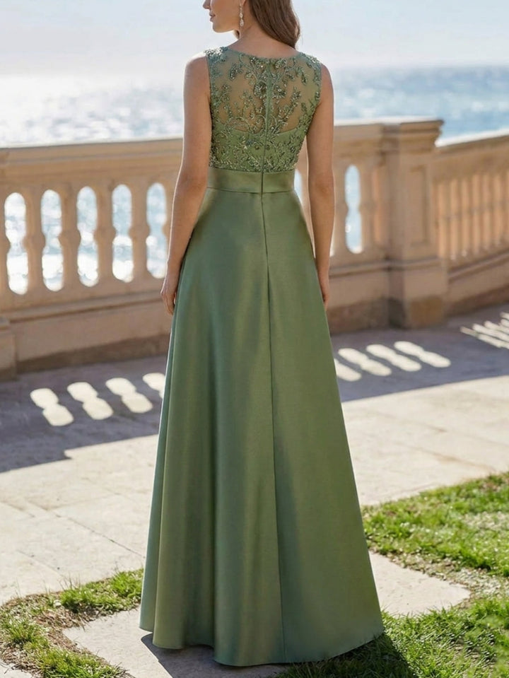 A-Line/Princess Scoop Satin Evening Dresses Sleeveless Floor-Length Lace Sequins Party Dresses