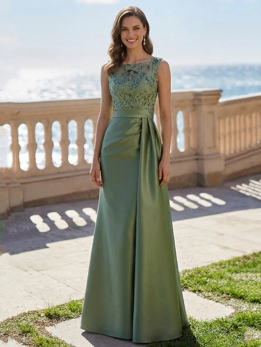 A-Line/Princess Scoop Satin Evening Dresses Sleeveless Floor-Length Lace Sequins Party Dresses