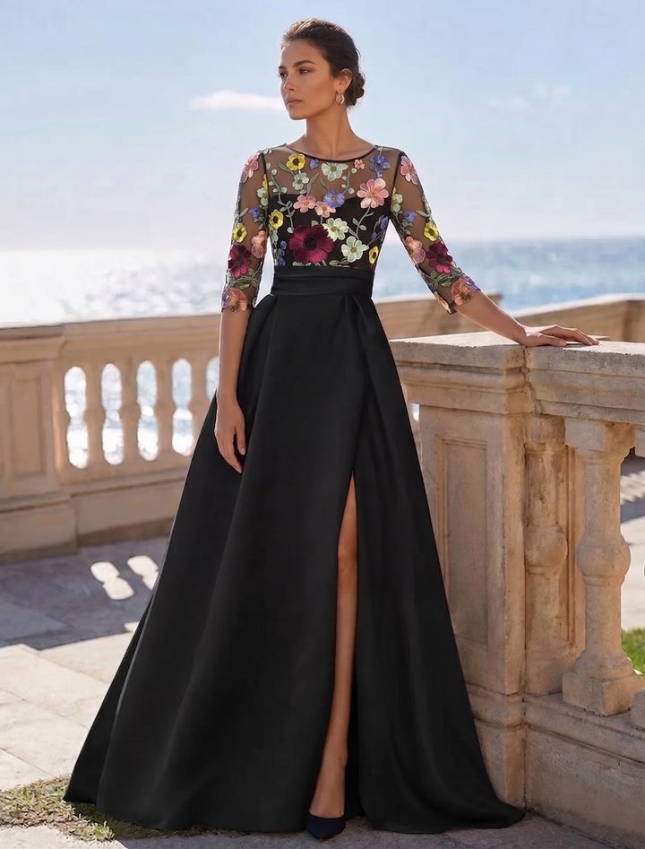 A-Line/Princess Scoop Satin Evening Dresses with Split Side 3/4 Sleeves Floor-Length Lace Floral Party Dresses