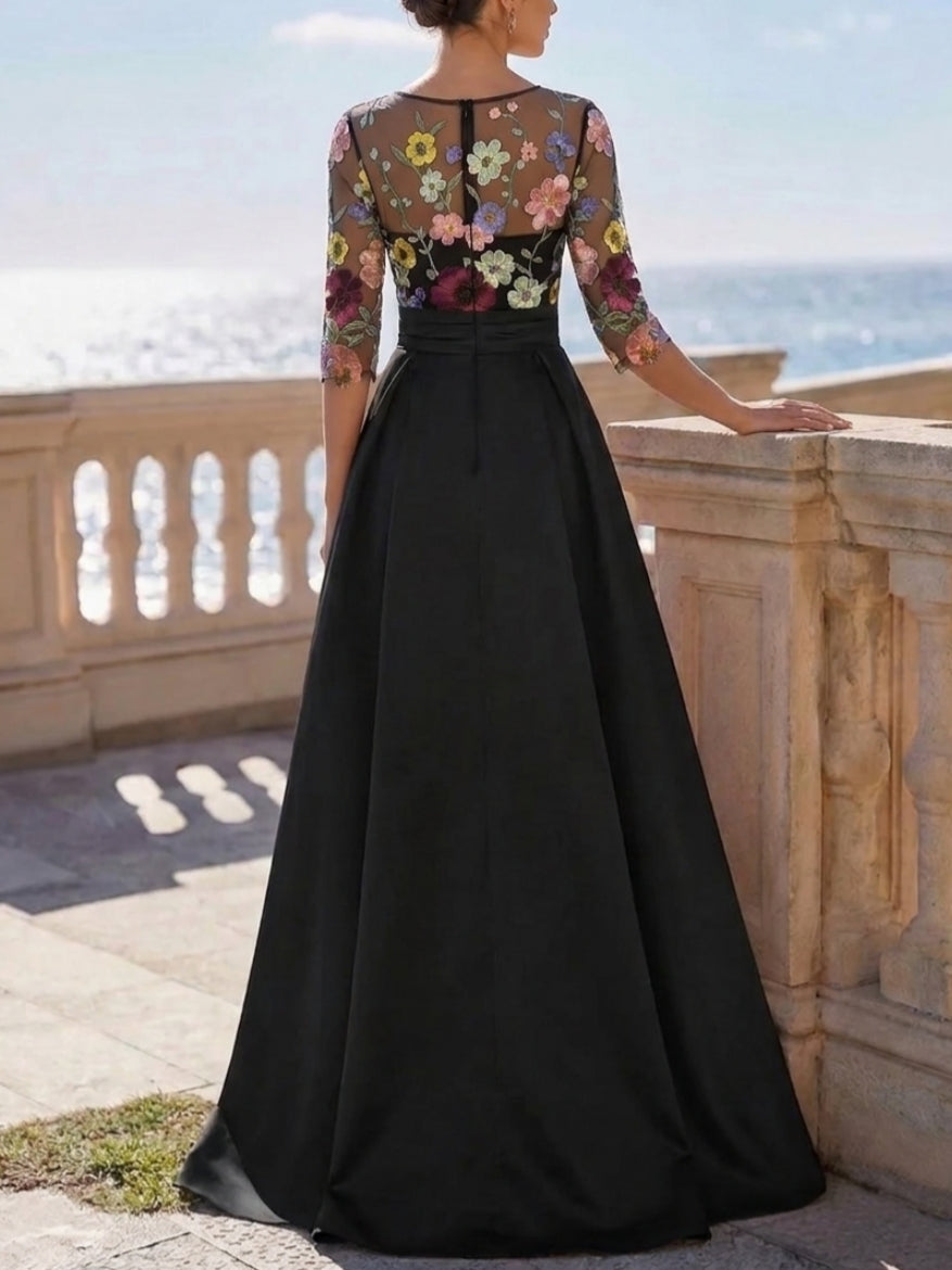 A-Line/Princess Scoop Satin Evening Dresses with Split Side 3/4 Sleeves Floor-Length Lace Floral Party Dresses