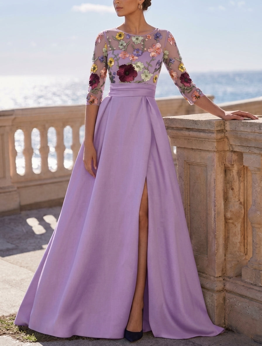 A-Line/Princess Scoop Satin Evening Dresses with Split Side 3/4 Sleeves Floor-Length Lace Floral Party Dresses