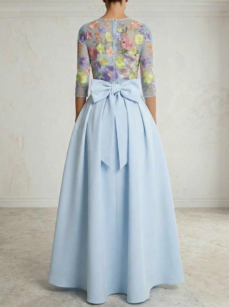 Jumpsuit Scoop Stretch Satin Evening Dresses with Overskirt Lace Floral 3/4 Sleeves Bowknot Ankle-Length Party Dresses
