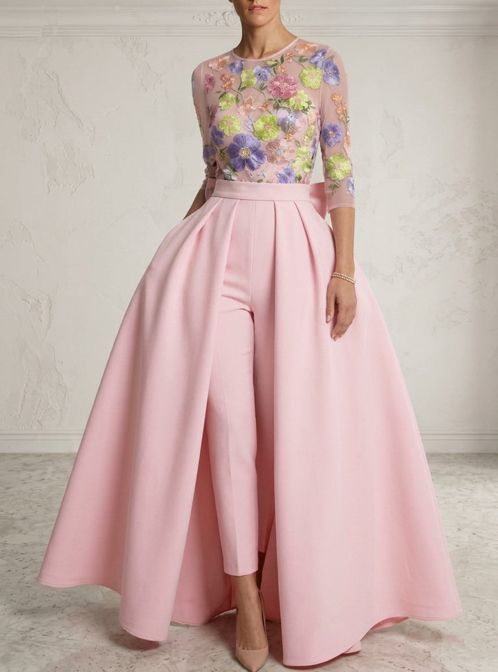 Jumpsuit Scoop Stretch Satin Evening Dresses with Overskirt Lace Floral 3/4 Sleeves Bowknot Ankle-Length Party Dresses
