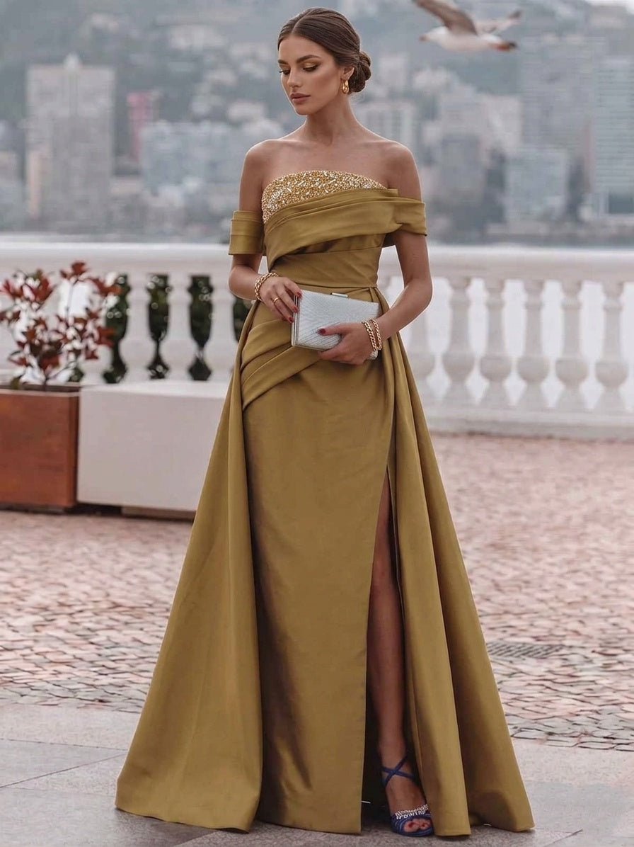 Sheath/Column Off-the-Shoulder Satin Evening Dresses Short Sleeves Floor-Length Party Dresses with Split Side Overskirts Beading