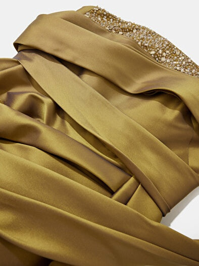 Sheath/Column Off-the-Shoulder Satin Evening Dresses Short Sleeves Floor-Length Party Dresses with Split Side Overskirts Beading