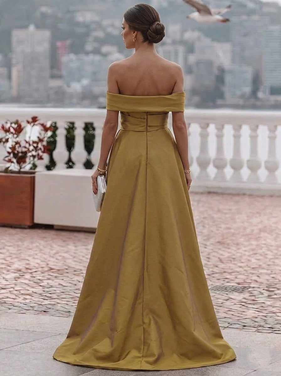 Sheath/Column Off-the-Shoulder Satin Evening Dresses Short Sleeves Floor-Length Party Dresses with Split Side Overskirts Beading