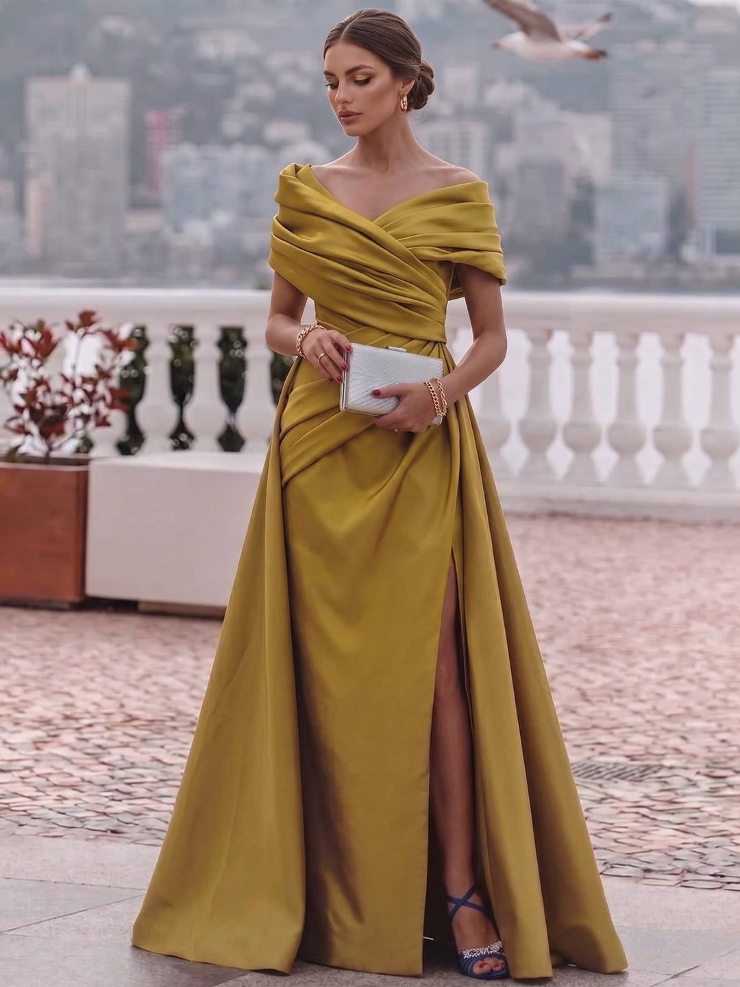 Sheath/Column Off-the-Shoulder Satin Evening Dresses Sleeveless Floor-Length Party Dresses with Split Side Overskirts