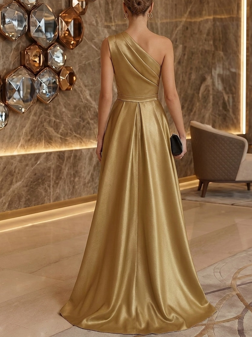 Sheath/Column One-Shoulder Satin Evening Dresses Sleeveless Floor-Length Party Dresses with Split Side Overskirts