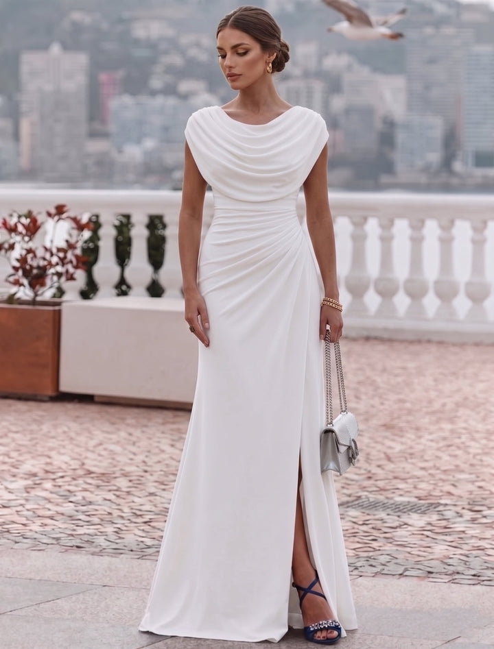 A-Line/Princess Cowl Neck Elastic Chiffon Evening Dresses with Split Side Floor-Length Sleeveless Ruched Party Dress
