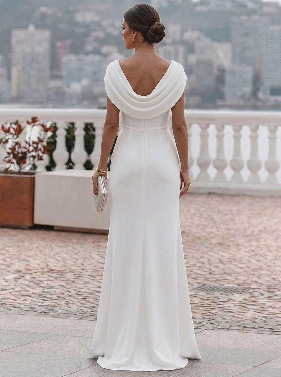 A-Line/Princess Cowl Neck Elastic Chiffon Evening Dresses with Split Side Floor-Length Sleeveless Ruched Party Dress