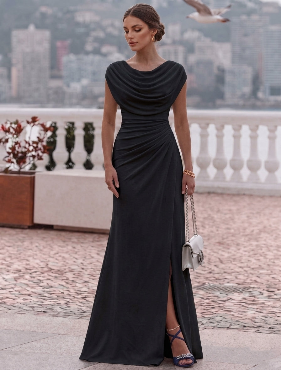 A-Line/Princess Cowl Neck Elastic Chiffon Evening Dresses with Split Side Floor-Length Sleeveless Ruched Party Dress