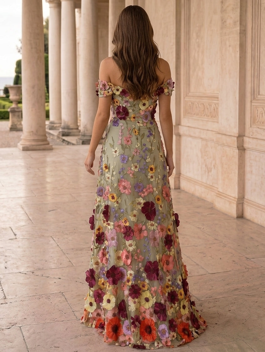 A-Line/Princess Off-the-Shoulder Evening Dresses Lace Embroidery Floor-Length Sleeveless Floral Party Dresses