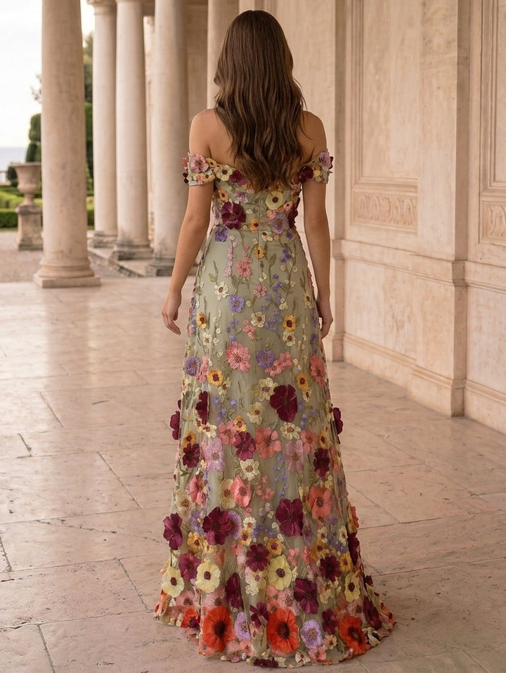 A-Line/Princess Off-the-Shoulder Evening Dresses Lace Embroidery Floor-Length Sleeveless Floral Party Dresses