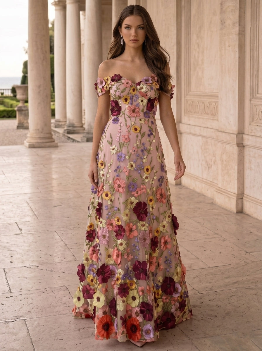 A-Line/Princess Off-the-Shoulder Evening Dresses Lace Embroidery Floor-Length Sleeveless Floral Party Dresses