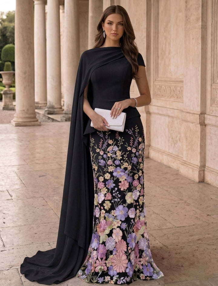 Sheath/Column Scoop Elastic Chiffon Evening Dresses with Cape Floor-Length Short Sleeves Floral Party Dress