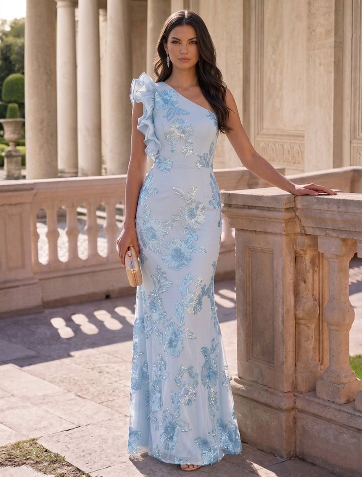 Sheath/Column One-Shoulder Lace Embroidery Evening Dresses Sleeveless Floral Floor-Length Party Dresses