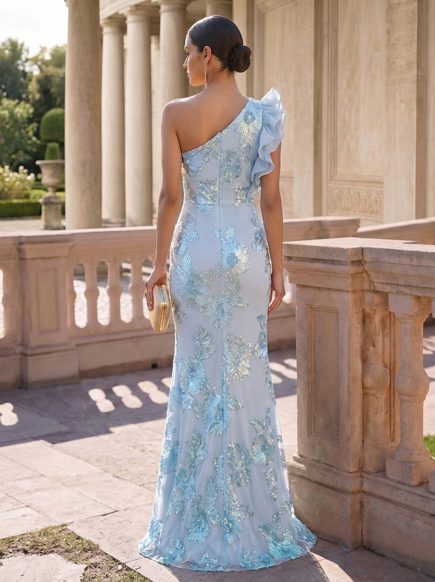 Sheath/Column One-Shoulder Lace Embroidery Evening Dresses Sleeveless Floral Floor-Length Party Dresses