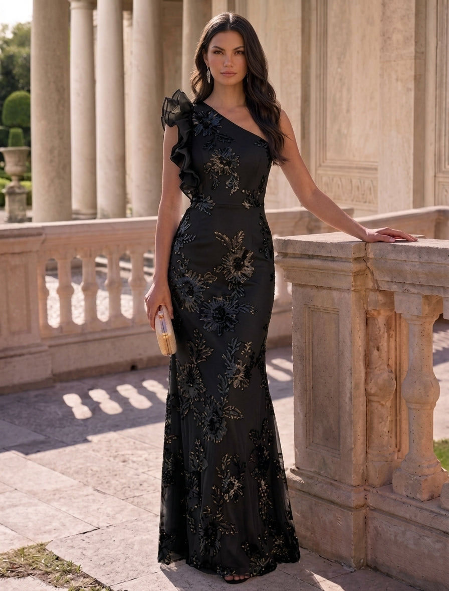 Sheath/Column One-Shoulder Lace Embroidery Evening Dresses Sleeveless Floral Floor-Length Party Dresses