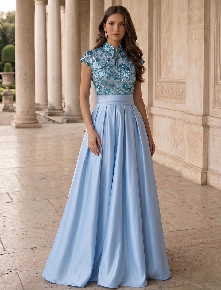 A-Line/Princess High Neck Sequins Lace Evening Dresses Satin Short Sleeves Floral Floor-Length Party Dresses