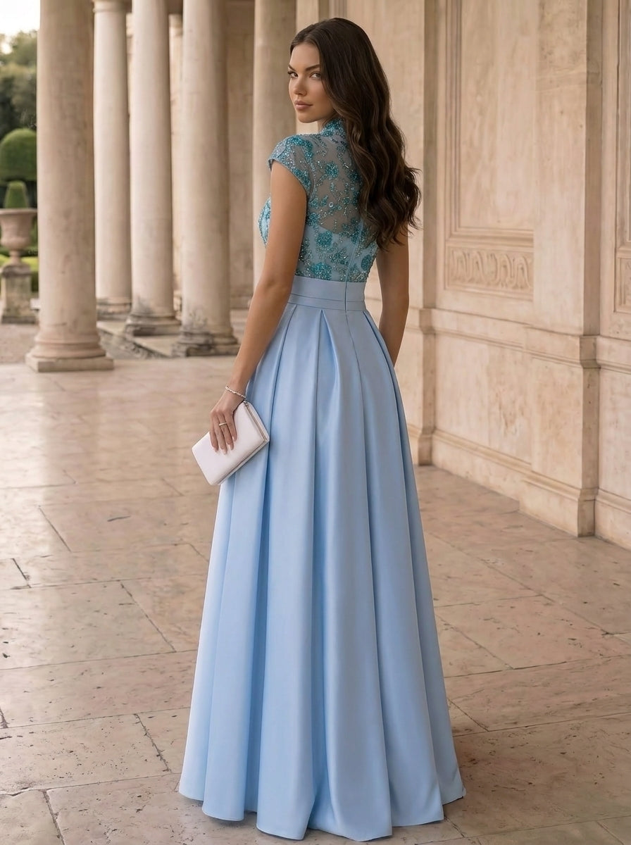 A-Line/Princess High Neck Sequins Lace Evening Dresses Satin Short Sleeves Floral Floor-Length Party Dresses