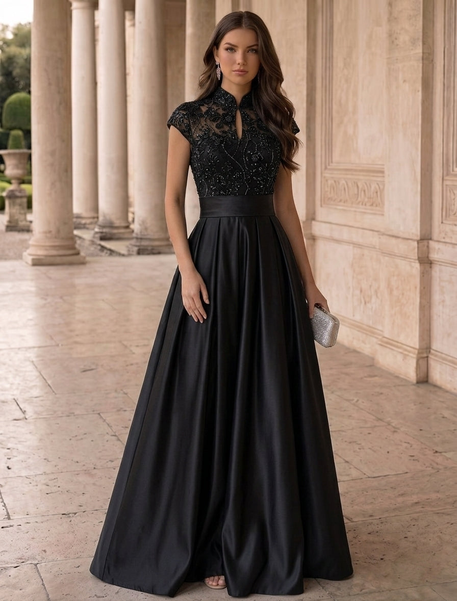 A-Line/Princess High Neck Sequins Lace Evening Dresses Satin Short Sleeves Floral Floor-Length Party Dresses