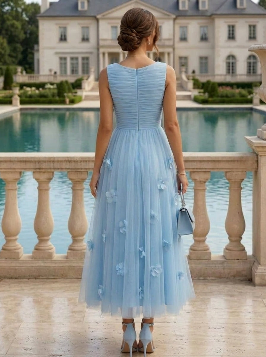 A-Line/Princess Scoop Tulle Cocktail Dresses Sleeveless Ankle-Length Formal Dresses With 3D Flowers