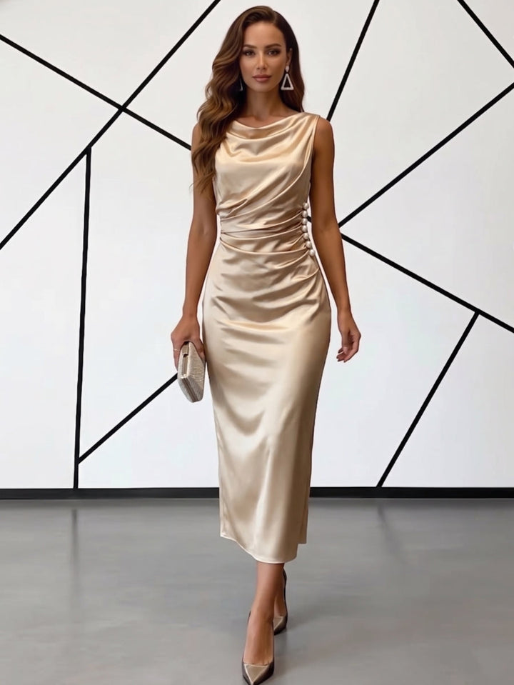 Sheath/Column Cowl Neck Silk Satin Cocktail Dresses Sleeveless Faux Pearl Tea-Length Ruched Formal Dresses