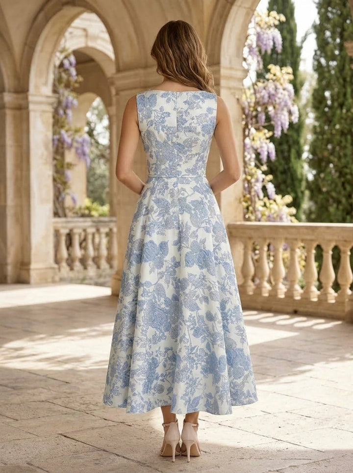 A-Line/Princess V-Neck Jacquard Cocktail Dresses Floral Tea-Length Sleeveless Formal Dresses