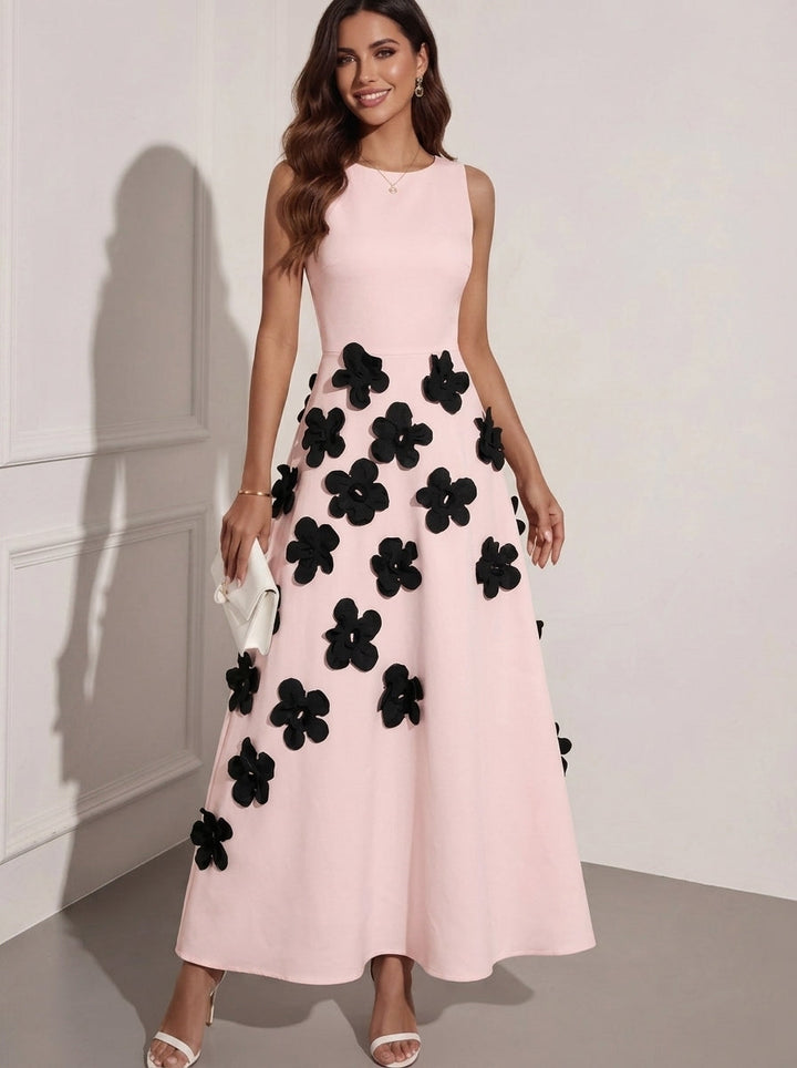 A-Line/Princess Scoop Stretch Satin Cocktail Dresses with 3D Flower Ankle-Length Sleeveless Formal Dresses