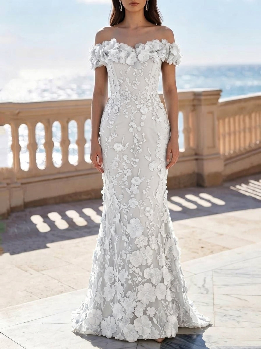 Trumpet/Mermaid Off-the-Shoulder Lace Embroidery Evening Dresses Sleeveless Floral Floor-Length Party Dresses